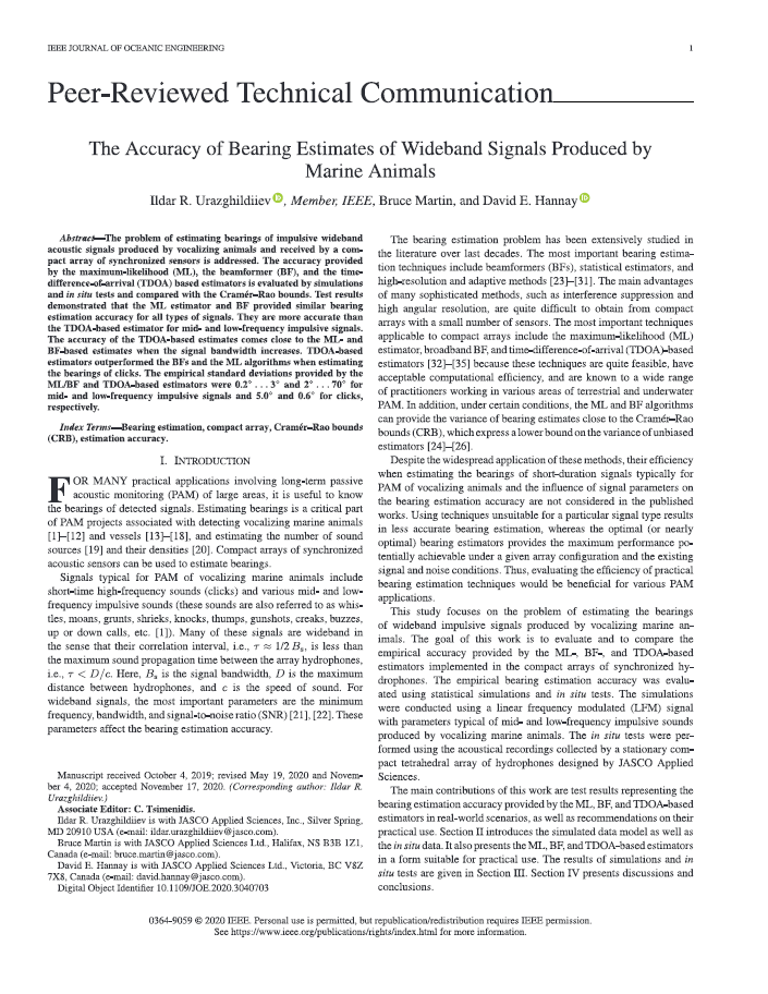 The Accuracy of Bearing Estimates of Wideband Signals Produced by Marine Animals