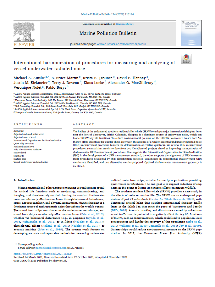 International harmonization of procedures for measuring and analyzing of vessel underwater radiated noise (PDF)