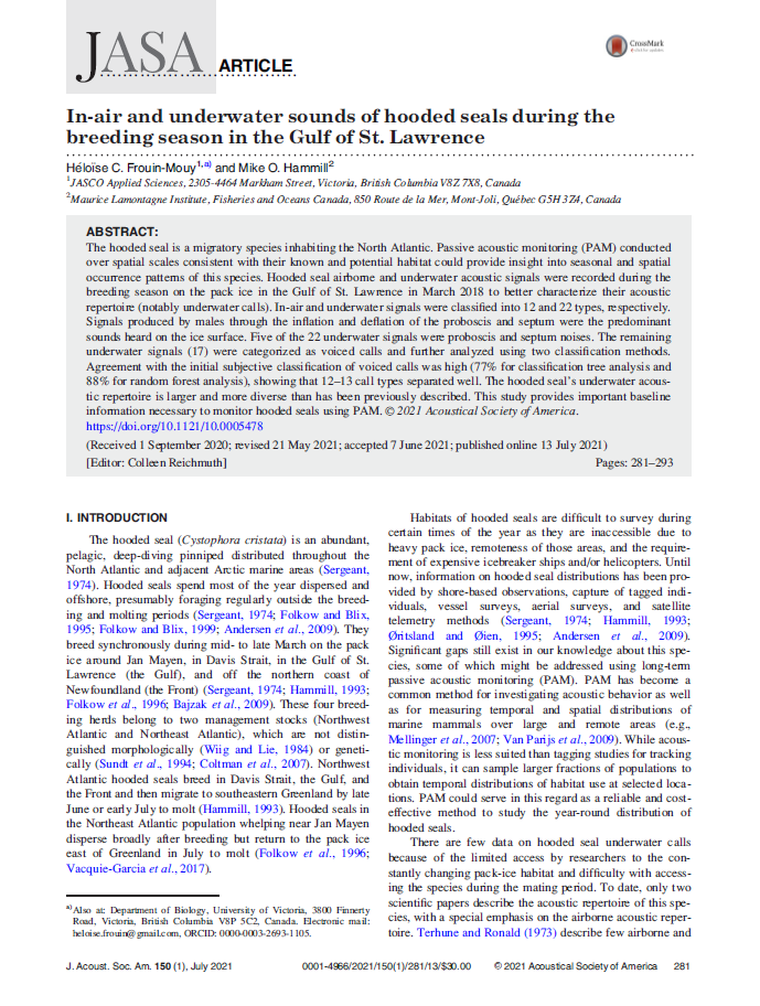 In-air and underwater sounds of hooded seals during the breeding season in the Gulf of St. Lawrence (PDF)
