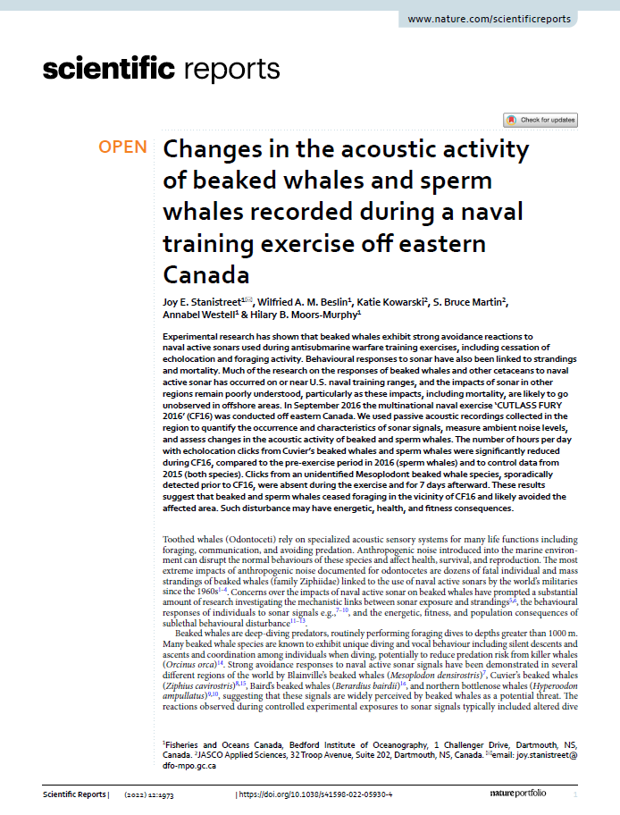 Changes in the acoustic activity of beaked whales and sperm whales recorded during a naval training exercise off eastern Canada (PDF)