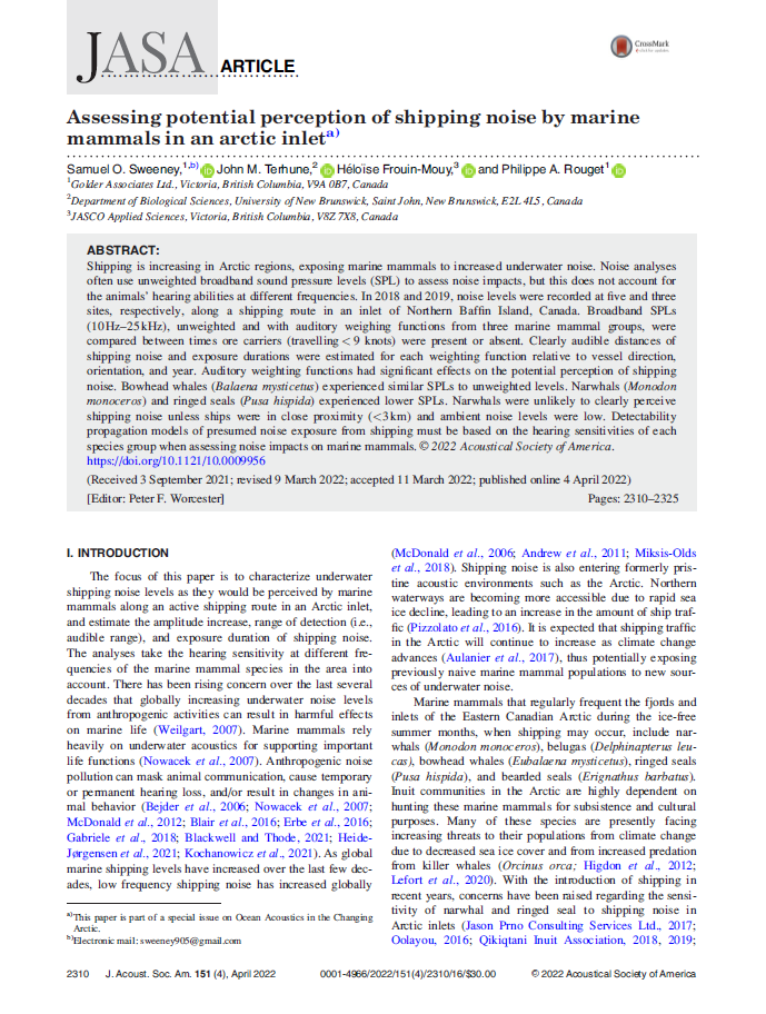Assessing potential perception of shipping noise by marine mammals in an arctic inlet (PDF)