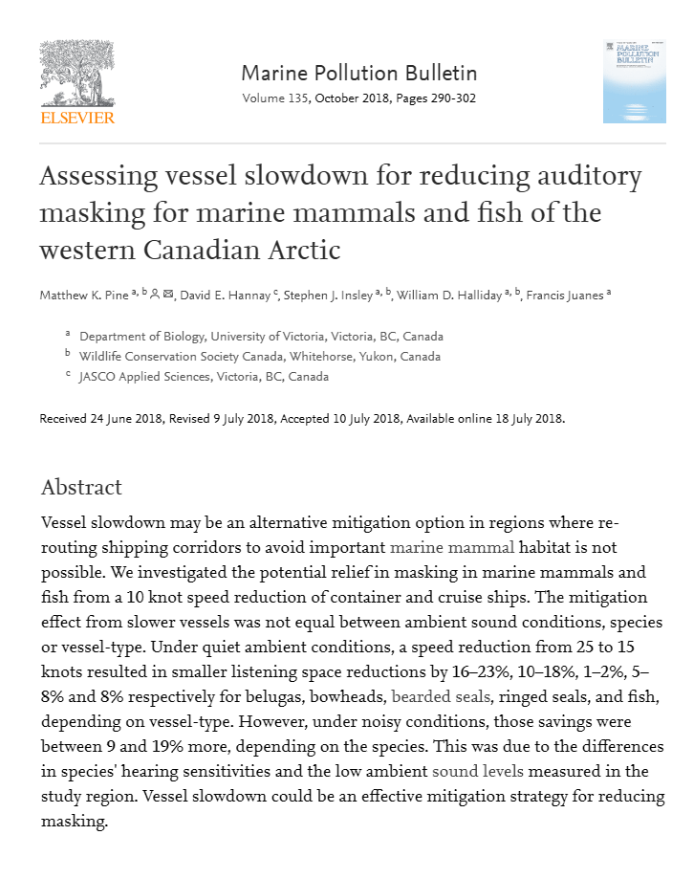 Assessing vessel slowdown for reducing auditory masking for marine mammals and fish of the western Canadian Arctic