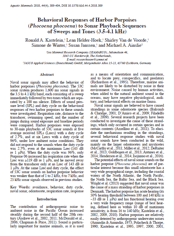 Behavioral responses of harbor porpoises (<em>Phocoena phocoena</em>) to sonar playback sequences of sweeps and tones (3.5-4.1 kHz)  (PDF)