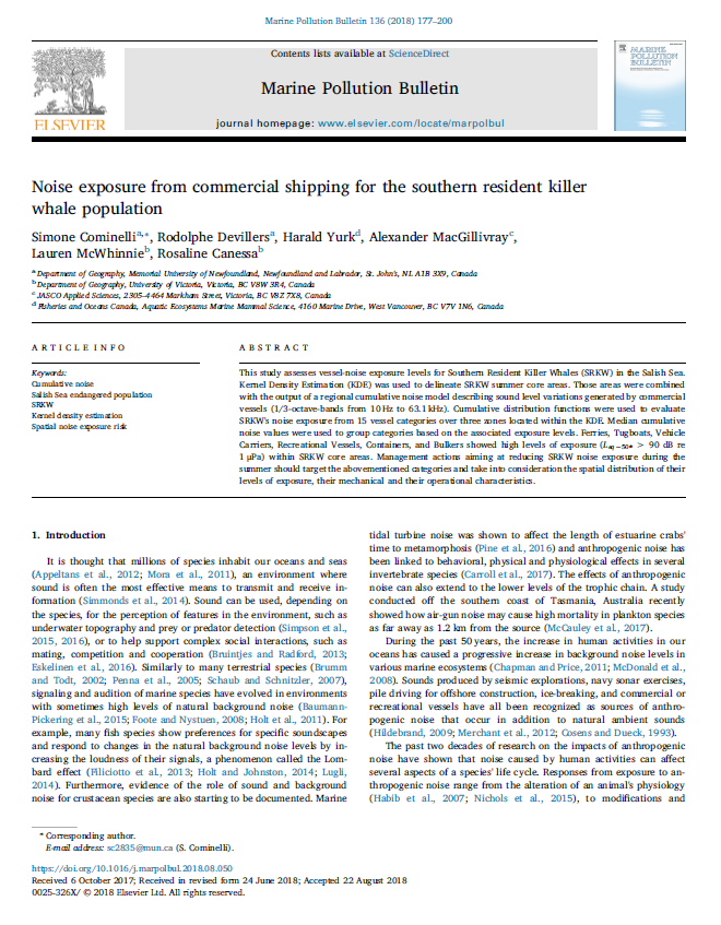 Noise exposure from commercial shipping for the southern resident killer whale population