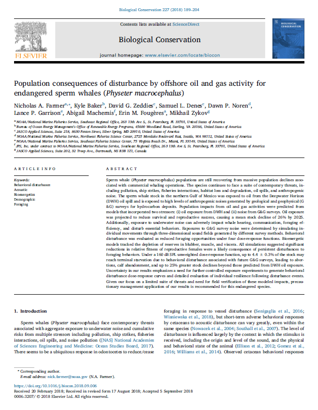 Population consequences of disturbance by offshore oil and gas activity for endangered sperm whales (<em>Physeter macrocephalus</em>)