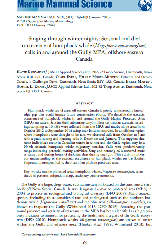 Singing through winter nights: Seasonal and diel occurrence of humpback whale (<em>Megaptera novaeangliae</em>) calls in and around the Gully MPA, offshore eastern Canada (PDF)