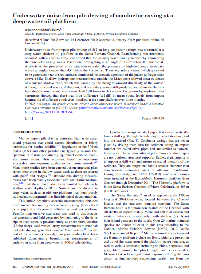 Underwater noise from pile driving of conductor casing at a deep-water oil platform (PDF)