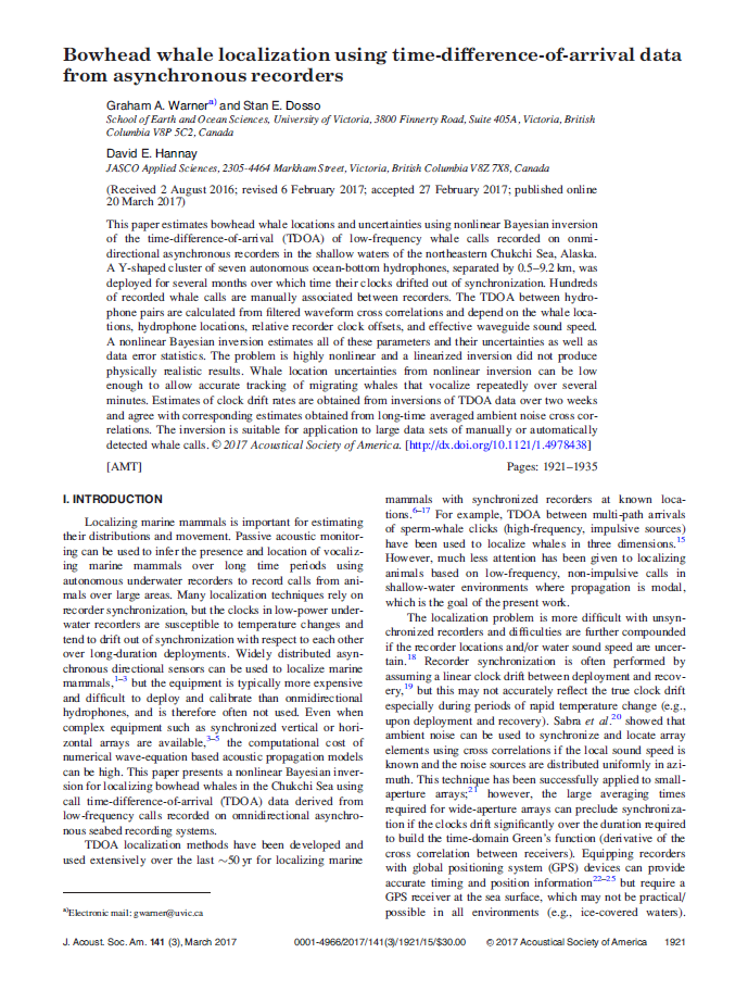 Bowhead whale localization using time-difference-of-arrival data from asynchronous recorders (PDF)