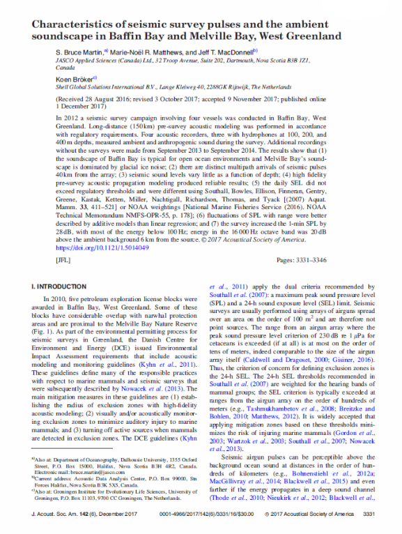 Characteristics of seismic survey pulses and the ambient soundscape in Baffin Bay and Melville Bay, West Greenland (PDF)