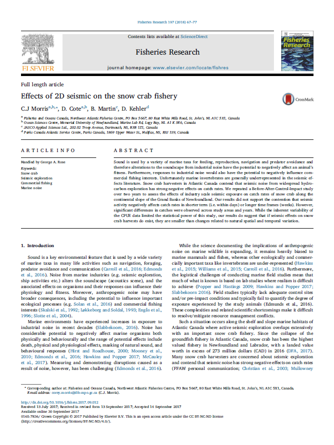 Effects of 2D seismic on the snow crab fishery (PDF)
