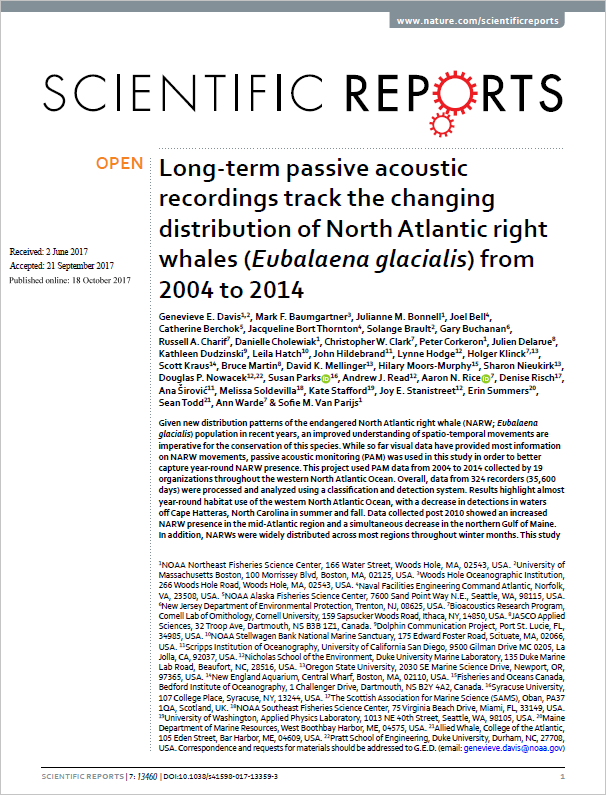 Long-term passive acoustic recordings track the changing distribution of North Atlantic right whales (<em>Eubalaena glacialis</em>) from 2004 to 2014 (PDF)