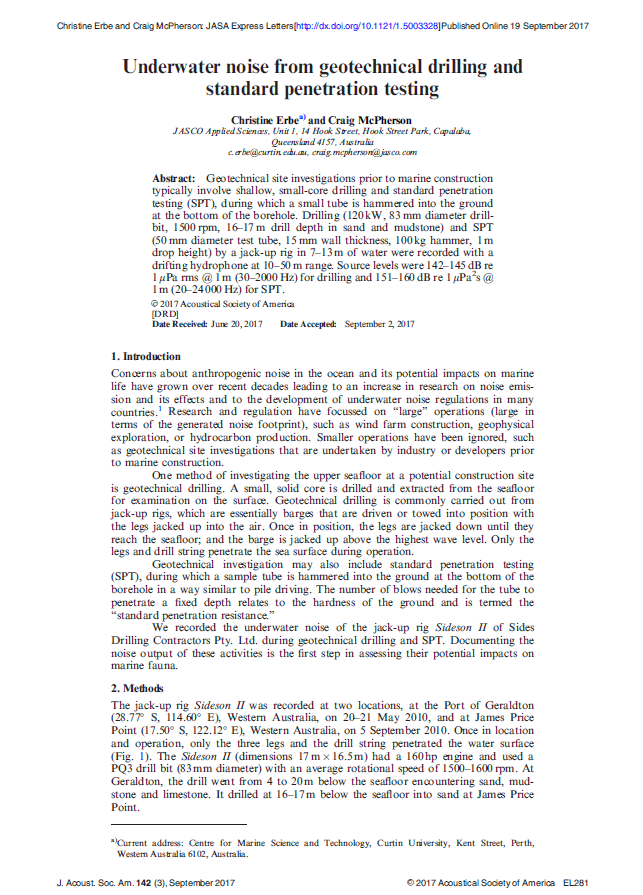 Underwater noise from geotechnical drilling and standard penetration testing (PDF)