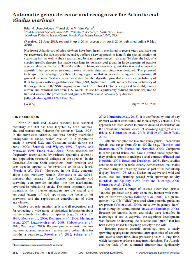 Automatic grunt detector and recognizer for Atlantic cod (<em>Gadus morhua</em>) (PDF)