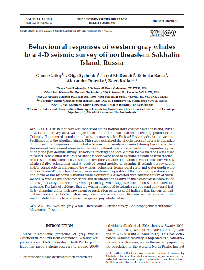 Behavioural responses of western gray whales to a 4-D seismic survey off northeastern Sakhalin Island, Russia (PDF)