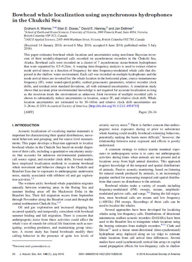 Bowhead whale localization using asynchronous hydrophones in the Chukchi Sea (PDF)