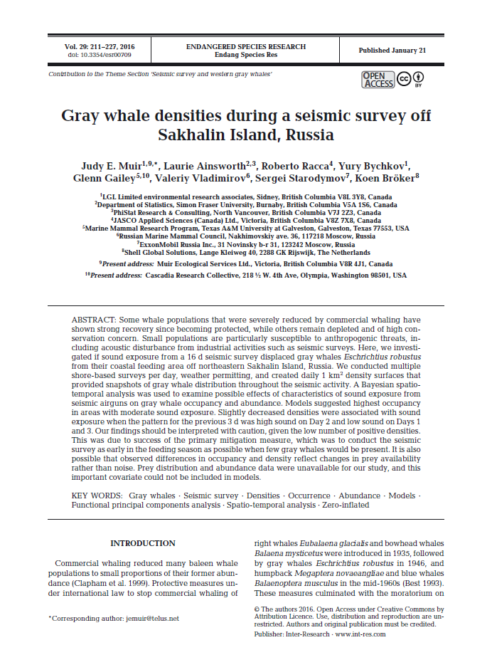 Gray whale densities during a seismic survey off Sakhalin Island, Russia (PDF)