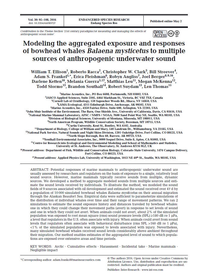 Modeling the aggregated exposure and responses of bowhead whales <em>Balaena mysticetus</em> to multiple sources of anthropogenic underwater sound (PDF)