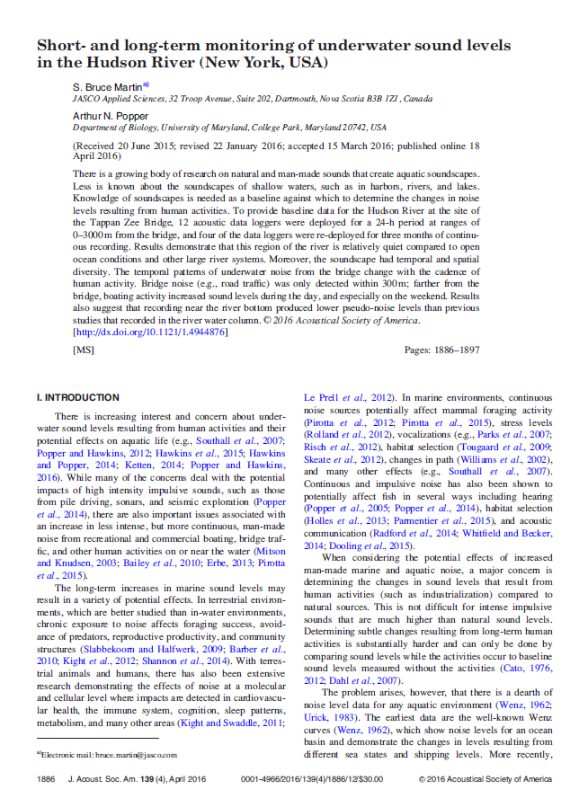Short- and long-term monitoring of underwater sound levels in the Hudson River (New York, USA) (PDF)