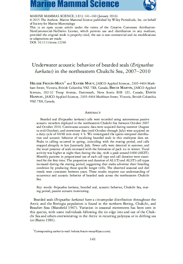 Underwater acoustic behavior of bearded seals (<em>Erignathus barbatus</em>) in the northeastern Chukchi Sea, 2007–2010 (PDF)