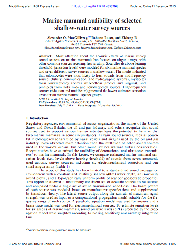 Marine mammal audibility of selected shallow-water survey sources (PDF)