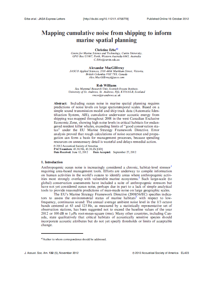 Mapping cumulative noise from shipping to inform marine spatial planning (PDF)