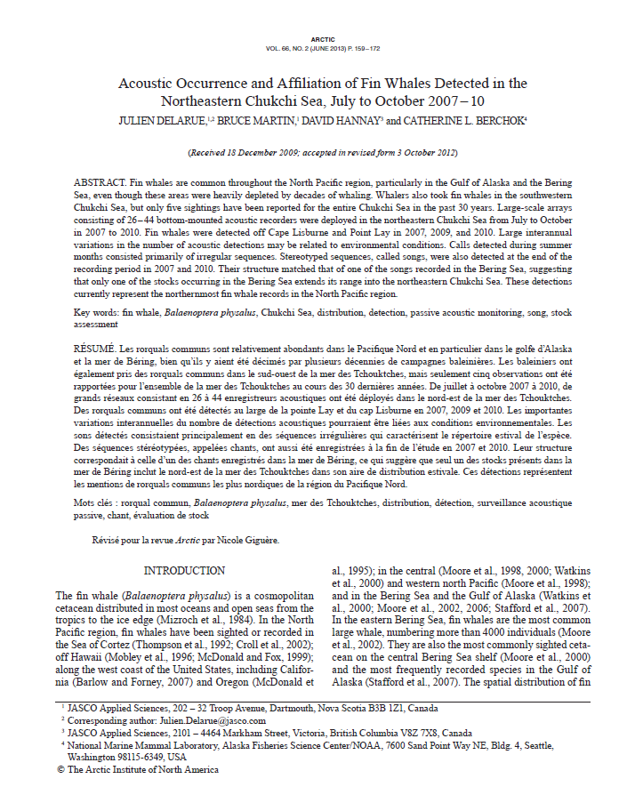Acoustic occurrence and affiliation of fin whales detected in the Northeastern Chukchi Sea, July to October 2007–10 (PDF)