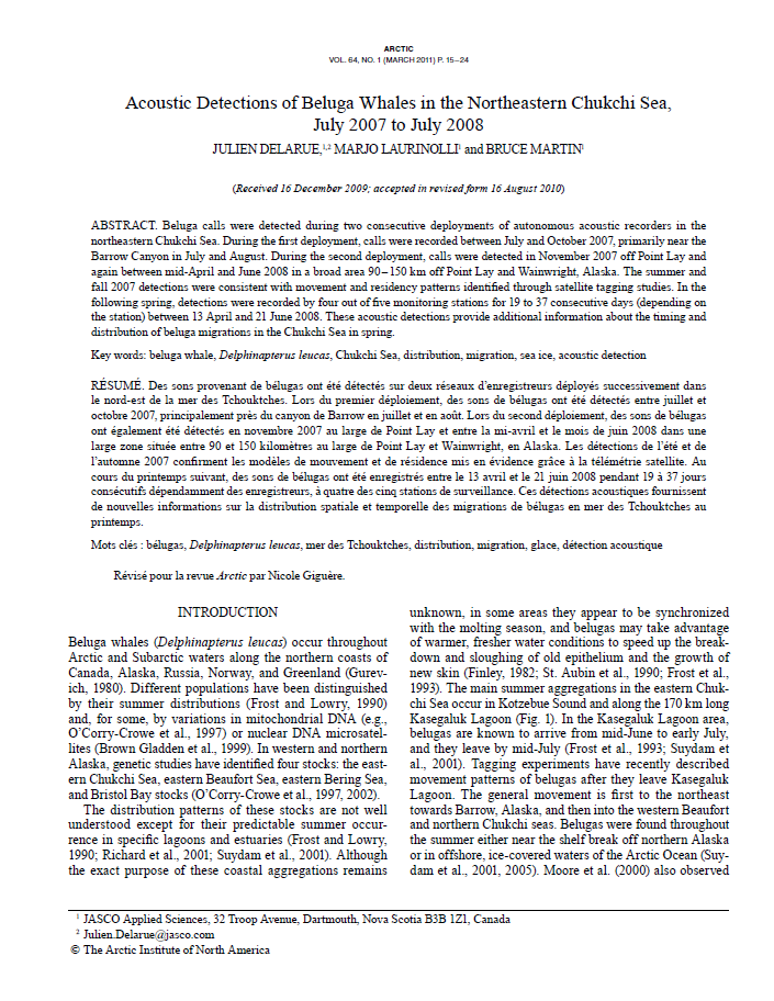 Acoustic detections of beluga whales in the Northeastern Chukchi Sea, July 2007 to July 2008 (PDF)
