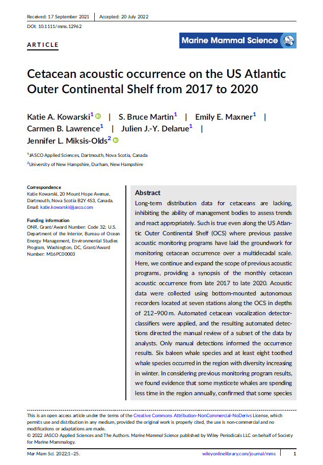 Cetacean acoustic occurrence on the US Atlantic Outer Continental Shelf from 2017 to 2020 (PDF)