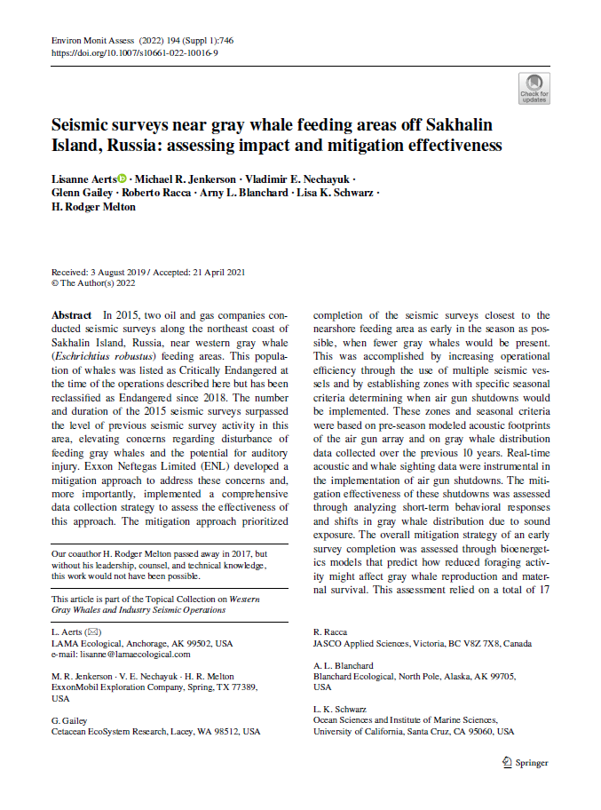 Seismic surveys near gray whale feeding areas off Sakhalin Island, Russia: assessing impact and mitigation effectiveness (PDF)