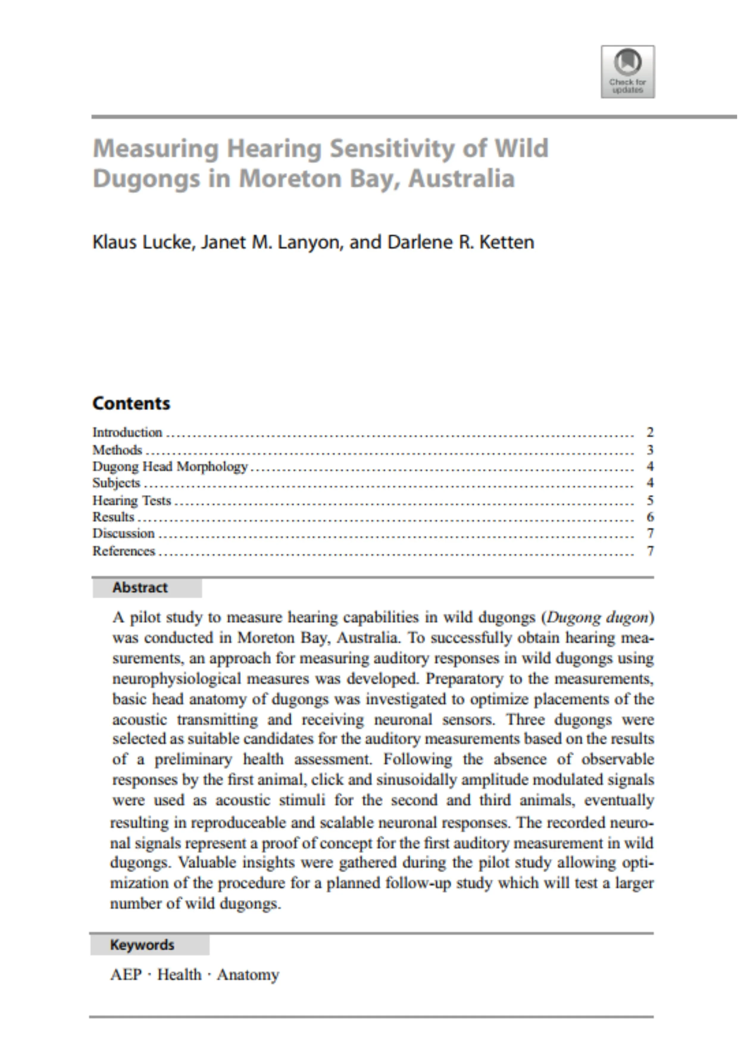 Measuring hearing sensitivity of wild Dugongs in Moreton Bay, Australia (PDF)