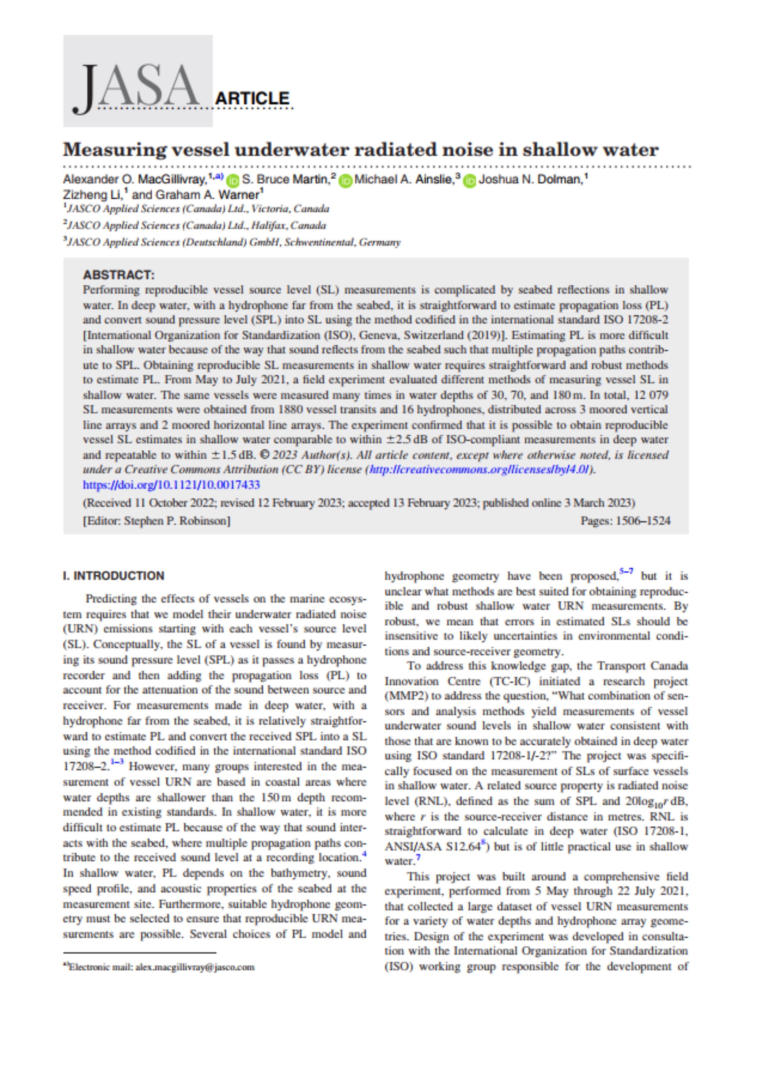 Measuring vessel underwater radiated noise in shallow water (PDF)