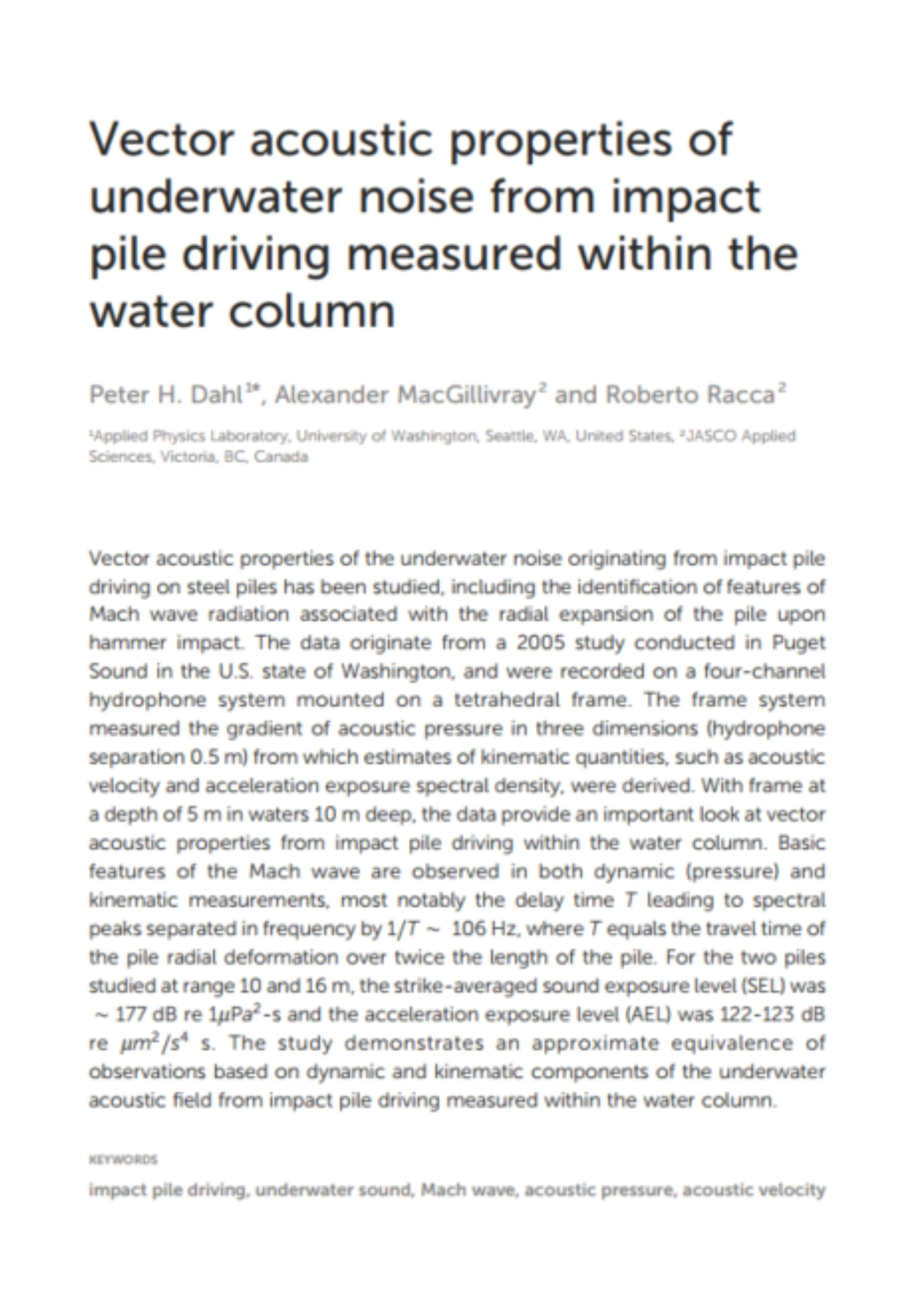 Vector acoustic properties of underwater noise from impact pile driving measured within the water column (PDF)
