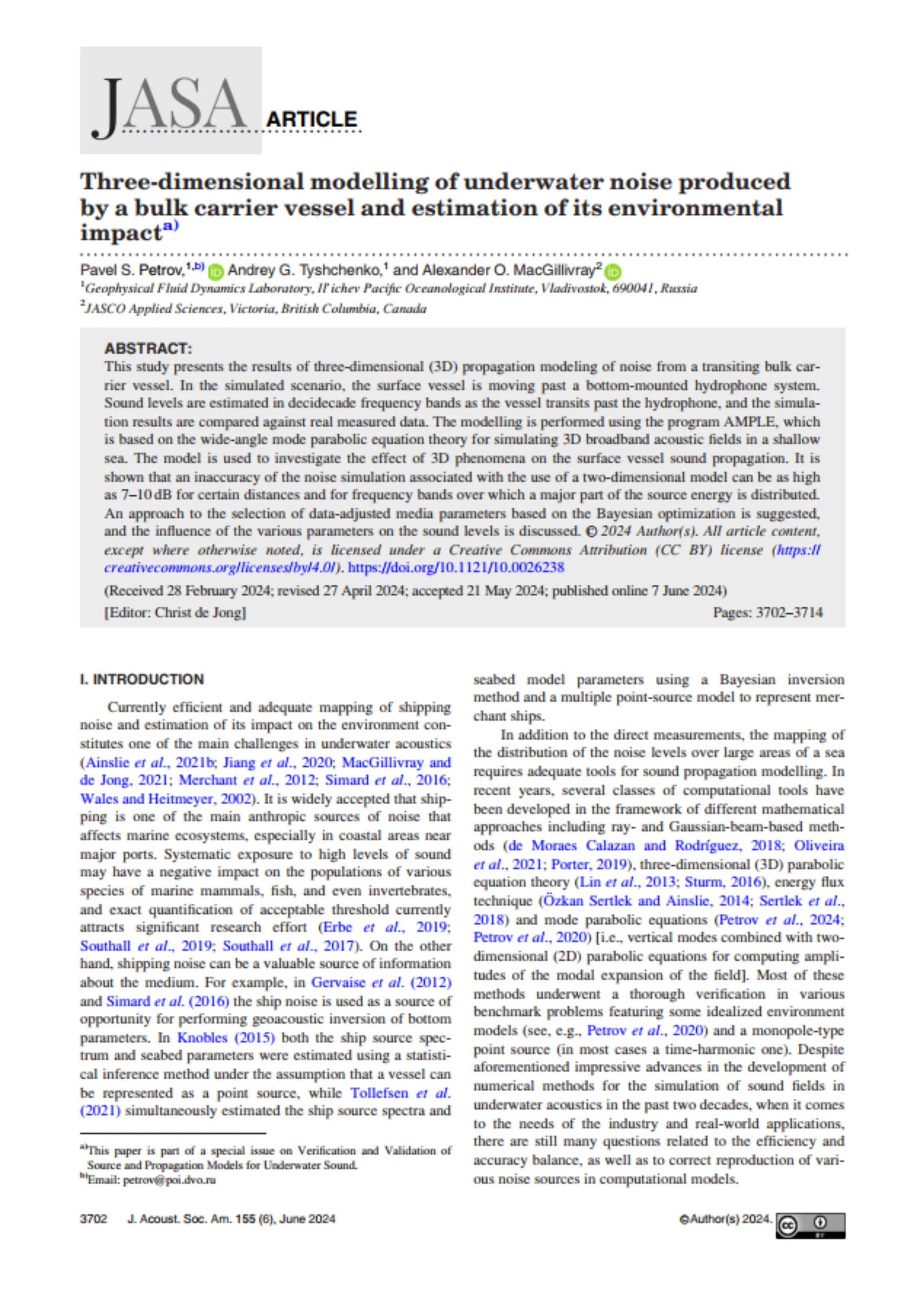Three-dimensional modelling of underwater noise produced by a bulk carrier vessel and estimation of its environmental impact (PDF)