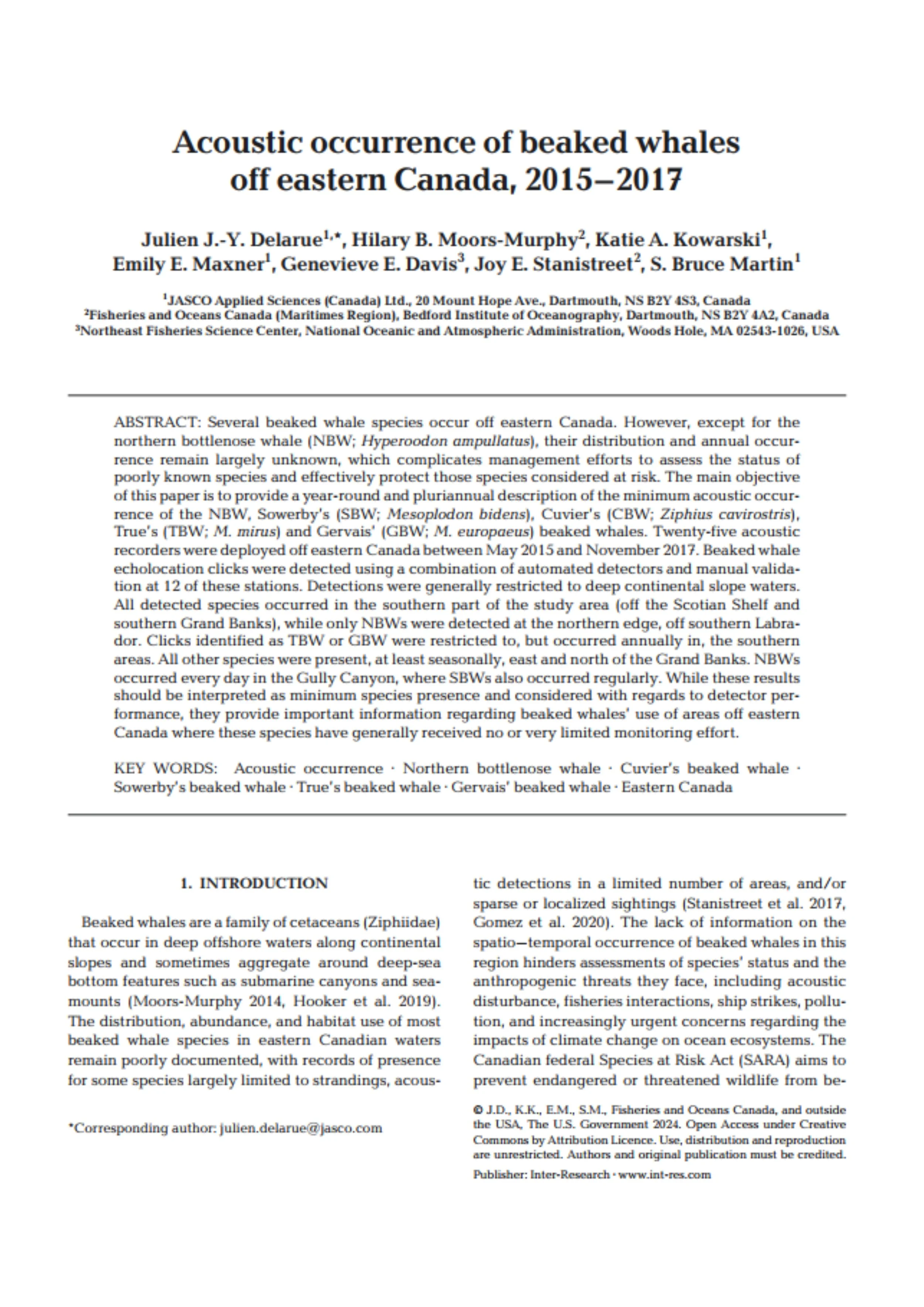 Acoustic occurrence of beaked whales off eastern Canada, 2015–2017 (PDF)