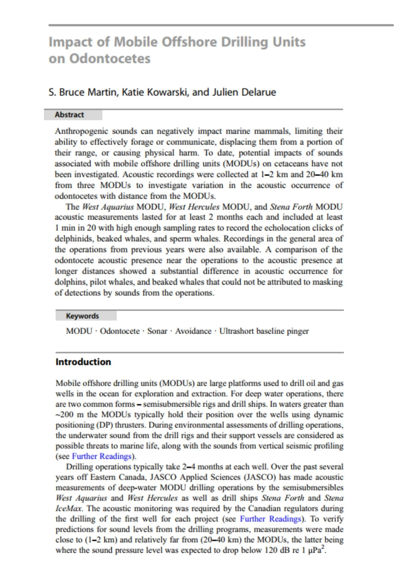 Impact of mobile offshore drilling units on Odontocetes (PDF)