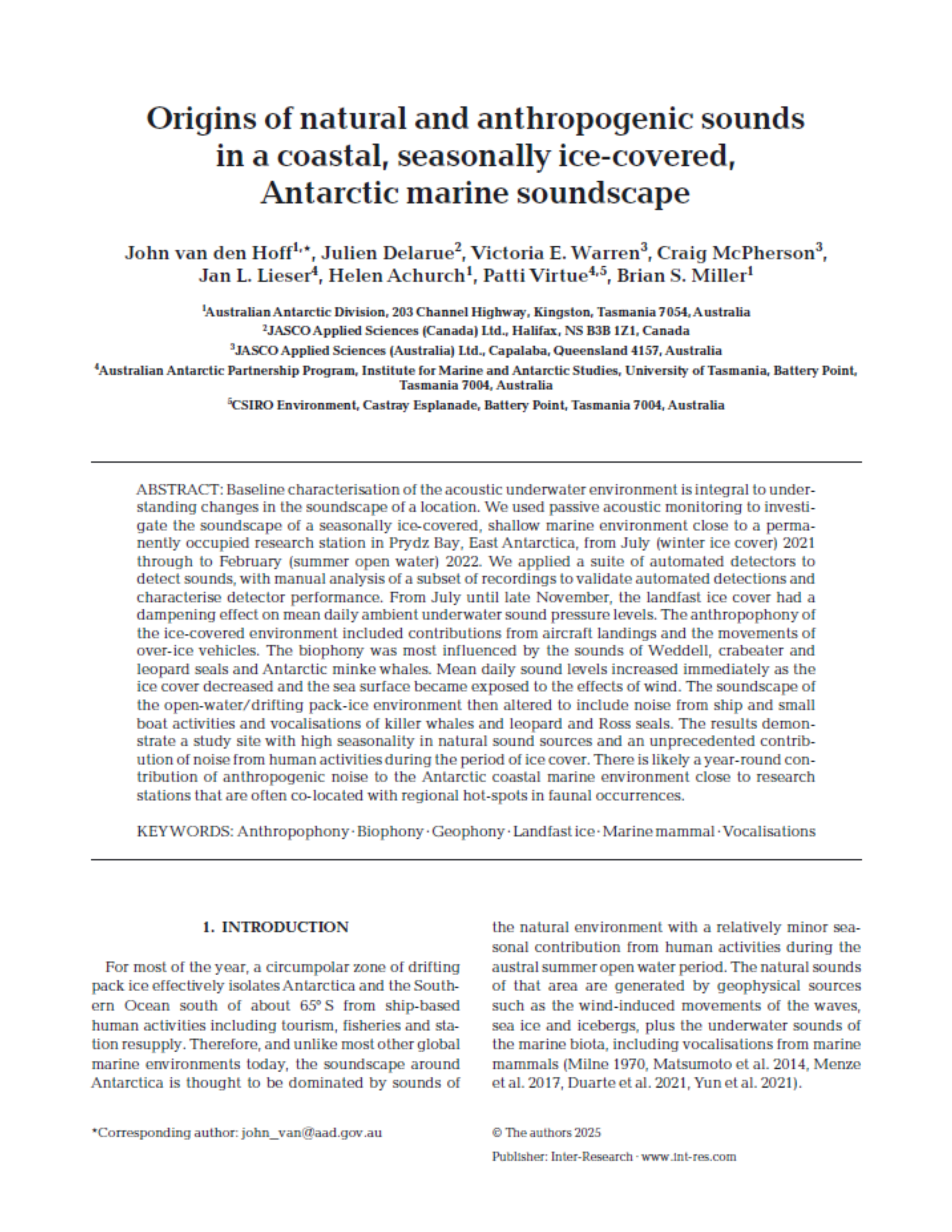 Origins of natural and anthropogenic sounds in a coastal, seasonally ice-covered, Antarctic marine soundscape