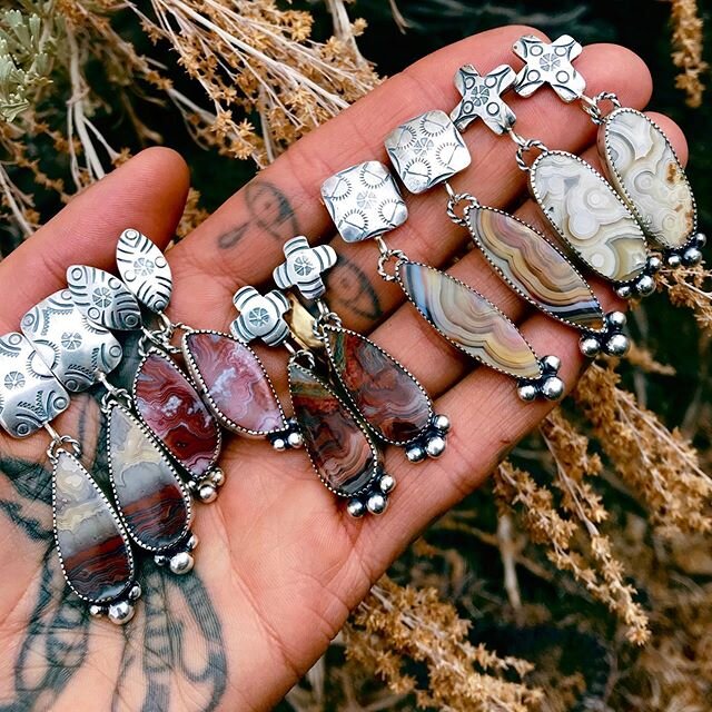 For today&rsquo;s shop update! Say hello to these beautiful High Desert crazy lace agate drop stud earrings. Available at 6pm MST! I&rsquo;m currently at @threearrowsleather house using the internet uploading products as I write this. See ya at 6!