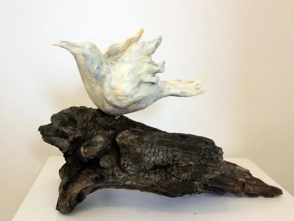 Bird on Driftwood Original Mixed Media Sold 