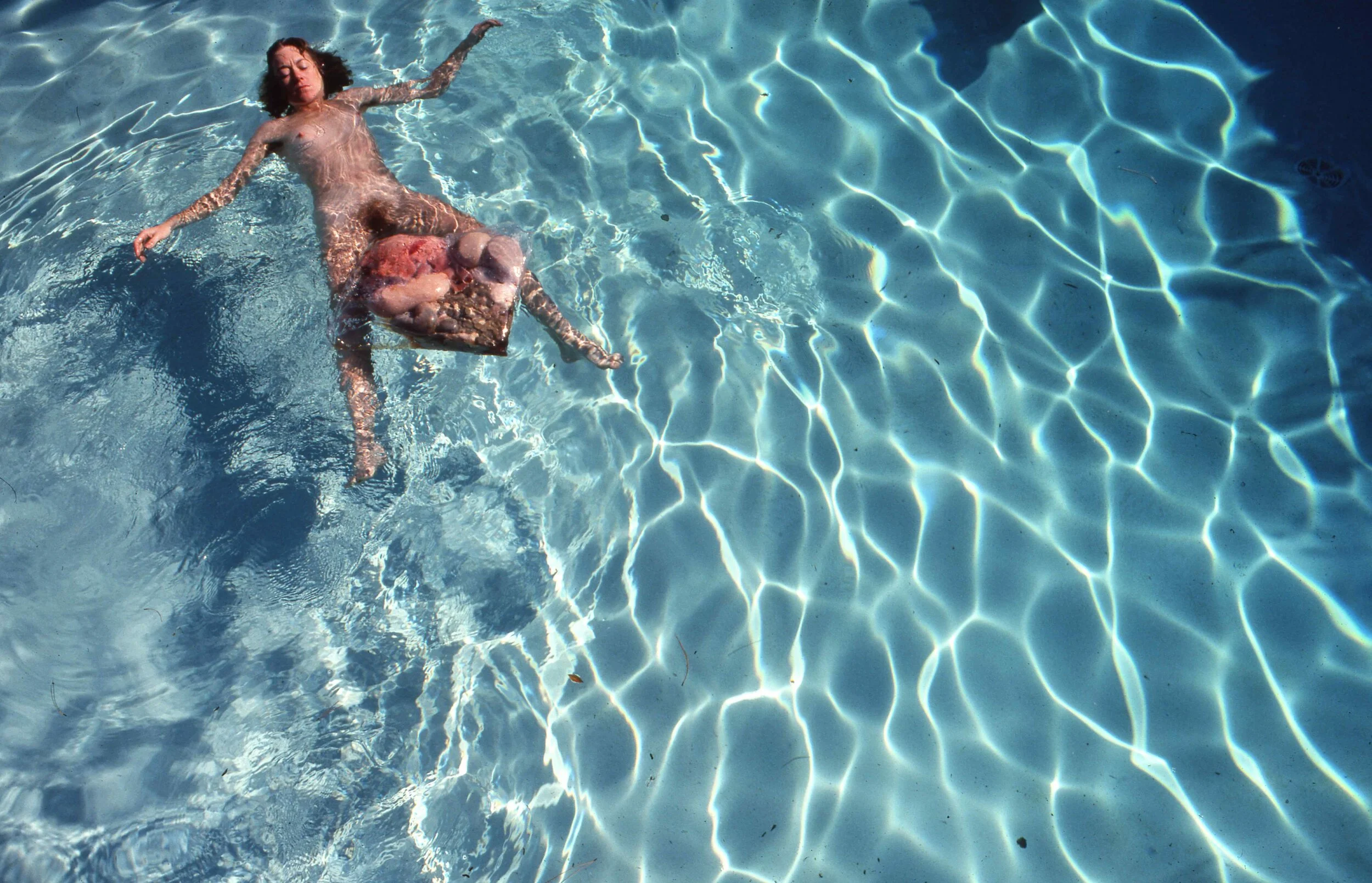 These uncanny, dreamlike pictures show the artist serenely floating in or lying beside a pool with sheep organs positioned on or near her torso as if she has been eviscerated. Lacy explored different compositions and sequences of the images, includi…