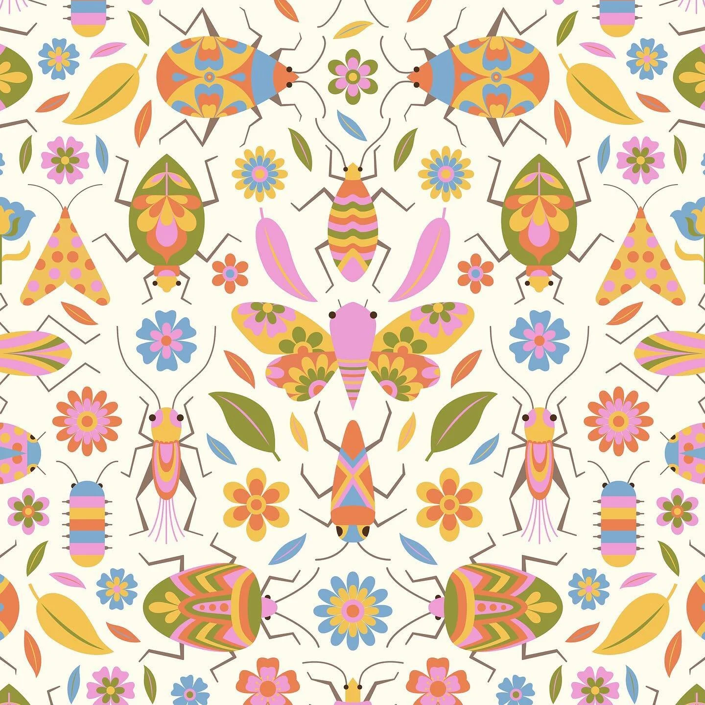 I like big bugs and I cannot lie. My entry in this weeks @spoonflower challenge. #spoonflowerdesignchallenge #spoonflower #retrobugs #bugs #beetles #butterflies #gardenbugs #bugfabric #groovybugs #1970sdecor #1970sfabric