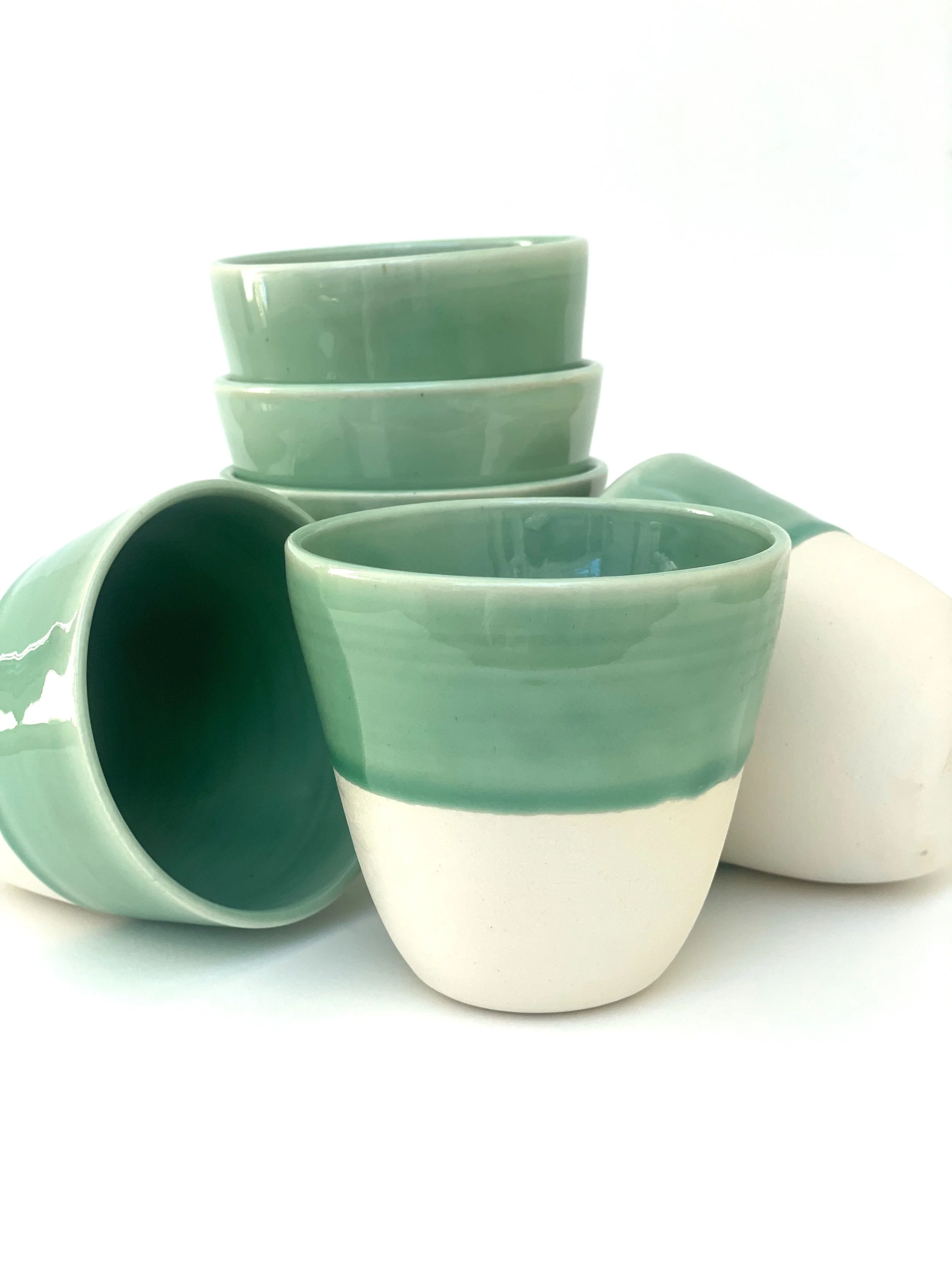 Handmade Ceramic Coffee Cups 300ml - Celadon & Raw Clay