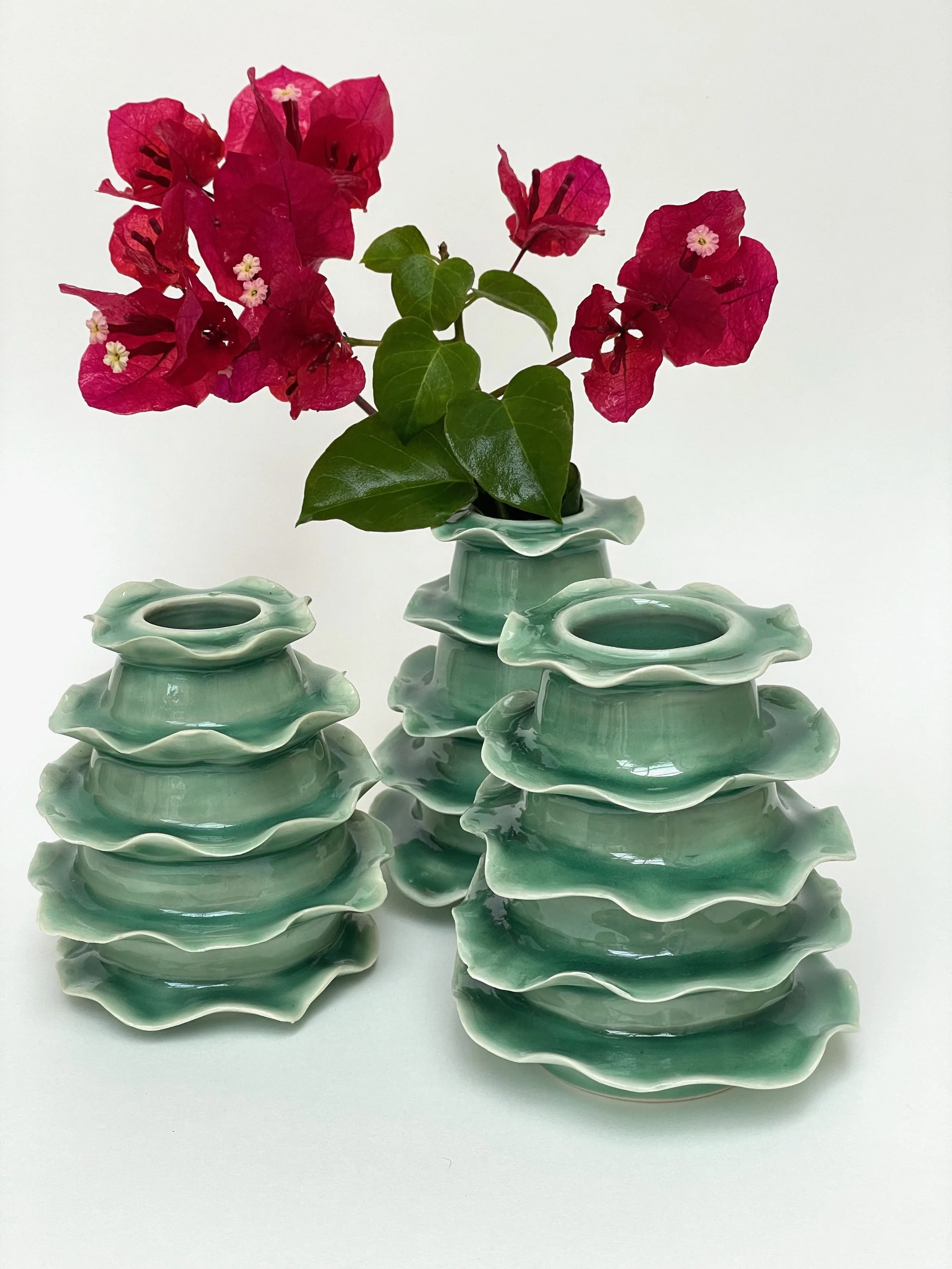 Frilly ceramic flower vase in celadon green glaze
