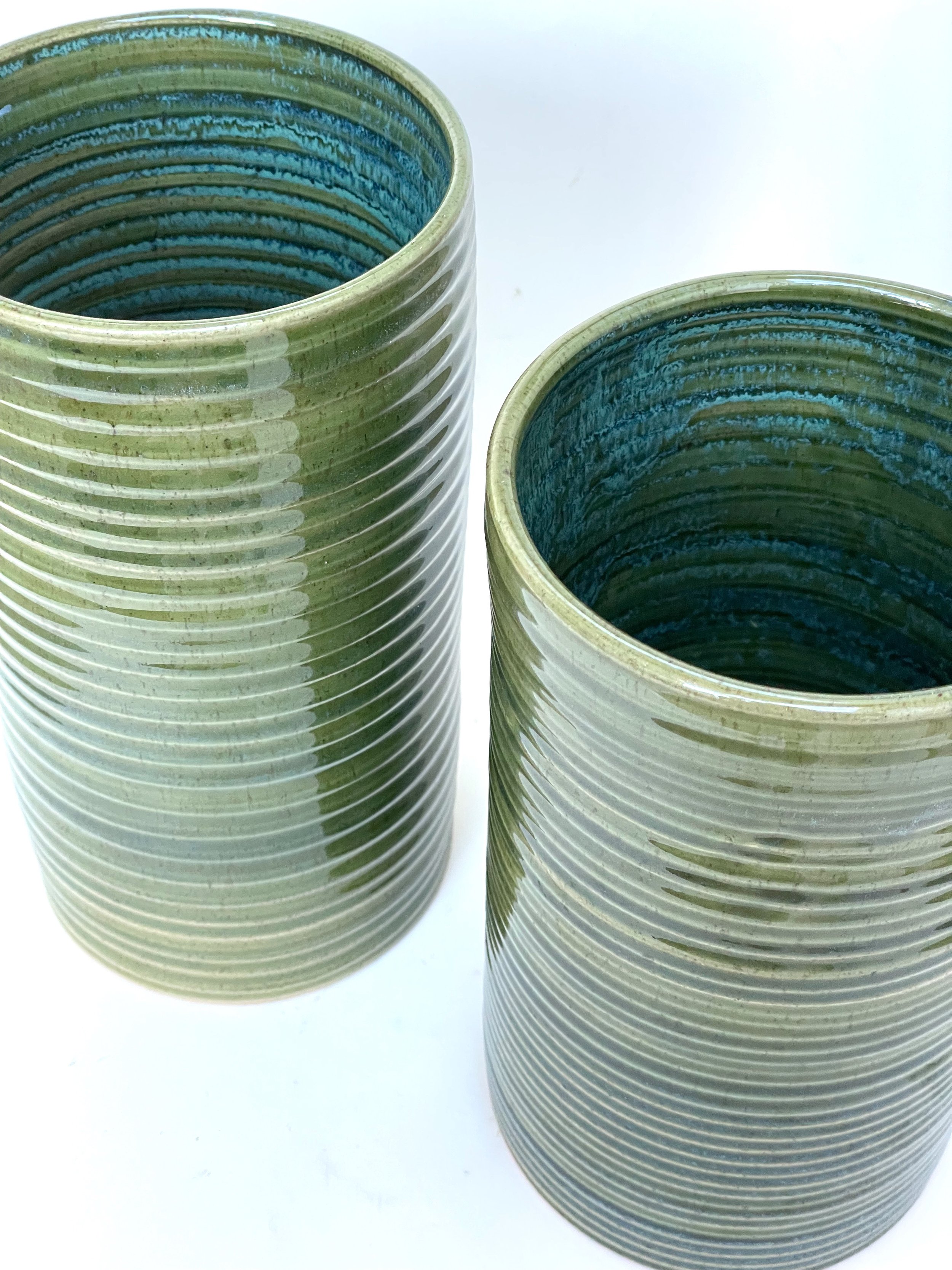 Handmade Tall Ribbed Ceramic Vase - Green Glaze | Sydney Pottery