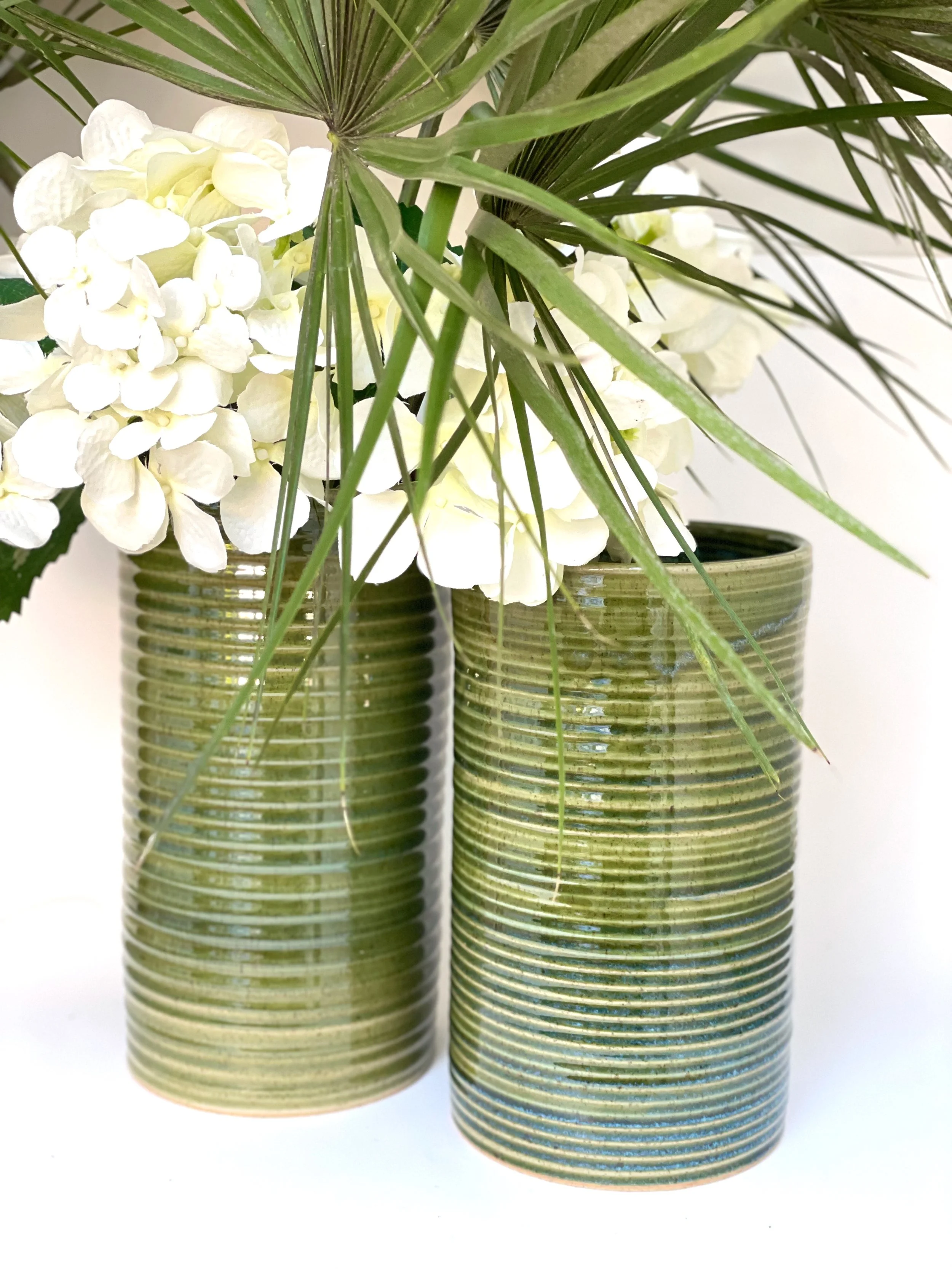 Handmade Tall Ribbed Ceramic Vase - Green Glaze | Sydney Pottery