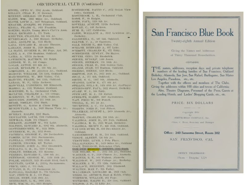 Property owner Von Der Mehdan listed as member of the 1914 SF Orchestral Club.