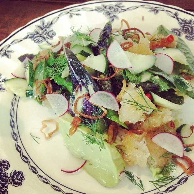Crispy rice salad with asparagus and fresh radish.