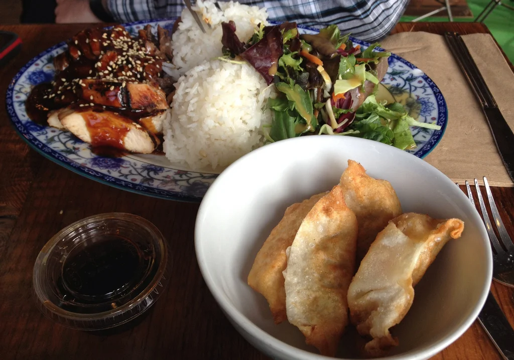 Chicken teriyaki and steak teriyaki with vegetable gyoza from Glaze SF