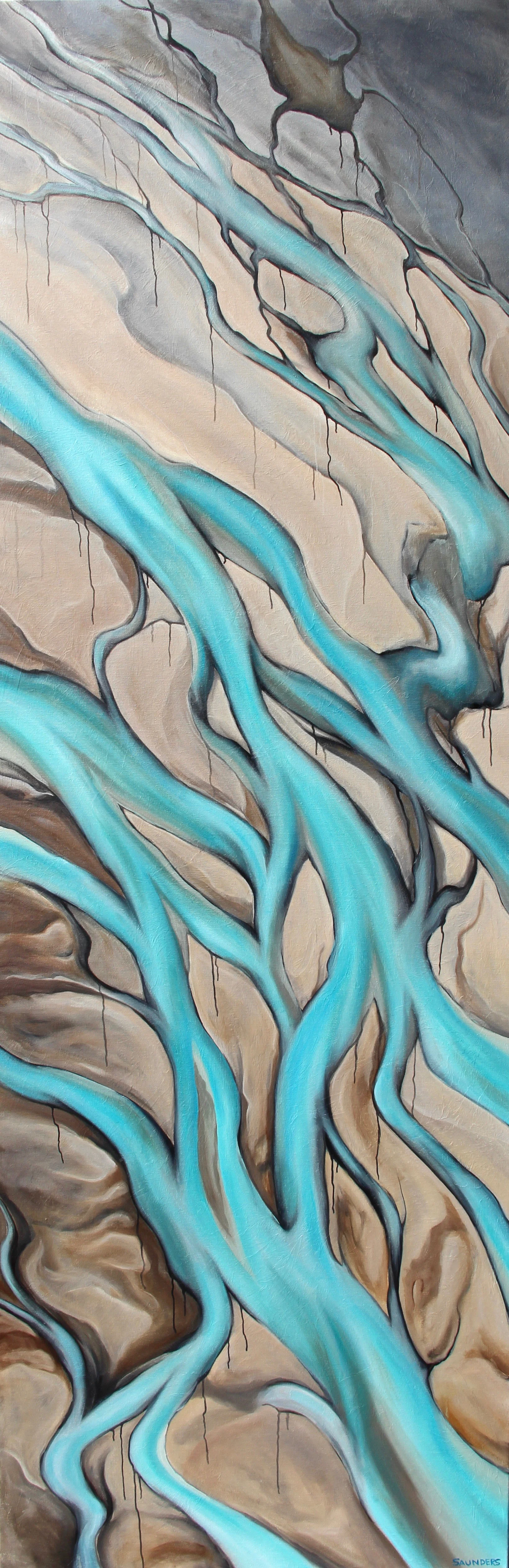     Blue Veins      ($1,450) Oil- 72 x 24 inches.    Available for purchase.      The beauty in sadness?&nbsp; This is how I feel when I see the bright blue waters of a glacial flow.&nbsp; They are disappearing before our eyes and it tears my heart o