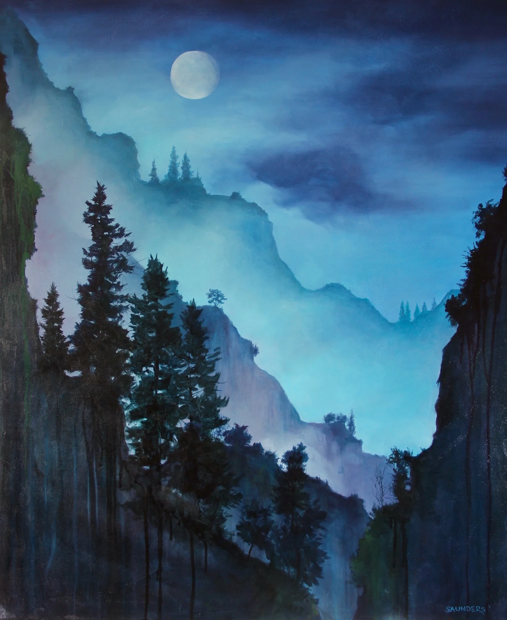     Getting Clear       ($975) Oil- 36 x 30 inches.    Available for purchase.      The night shows a majestic side while the fog moves over the hills.&nbsp; Everything is alive and in constant motion.&nbsp; This is when I feel clear and at peace.   