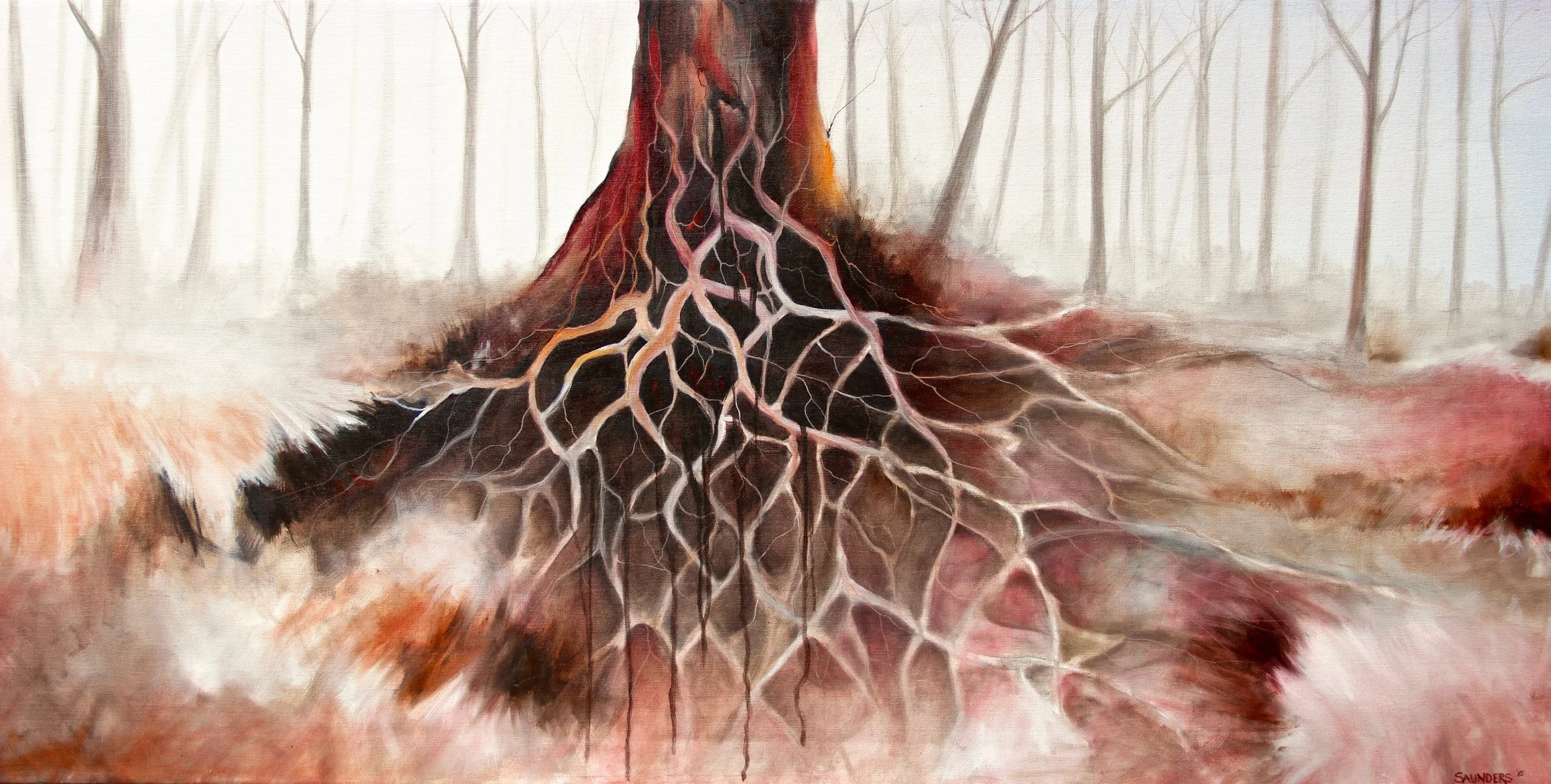     Rooted       ($950) Oil- 30 x 48 inches.      SOLD           Establishing my life here in Oregon, this piece represents the building of a life and growing roots.      For information...  
